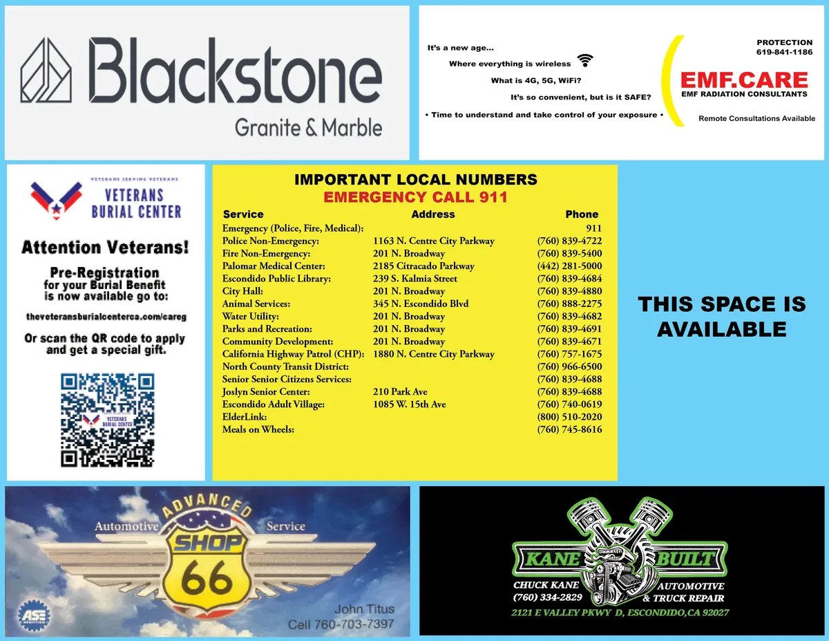 Side 2 of the same guide: EMF.CARE, Veterans Burial Center, local phone numbers and Kane Built Automotive.