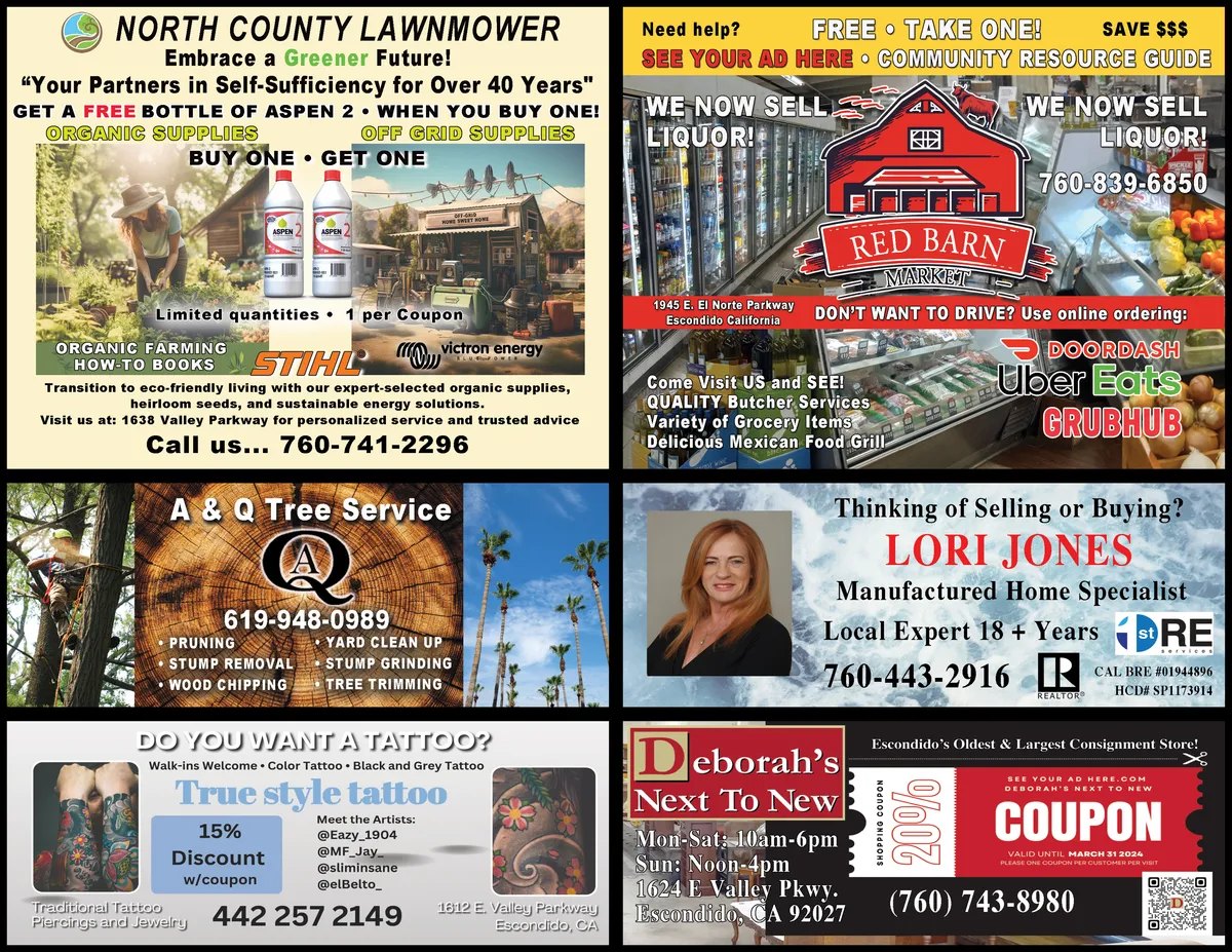Side 1 of a real Community Resource Guide from Escondido: North County Lawnmower, Red Barn Market under the See Your Ad Here masthead, True Style Tattoo, Deborah's Next To New and more.