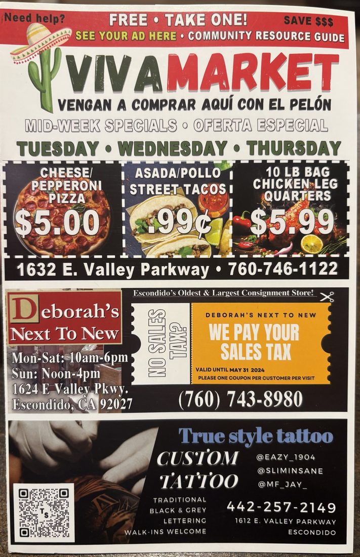 The folded Escondido guide: Viva Market on the cover with Deborah's Next To New and True Style Tattoo.