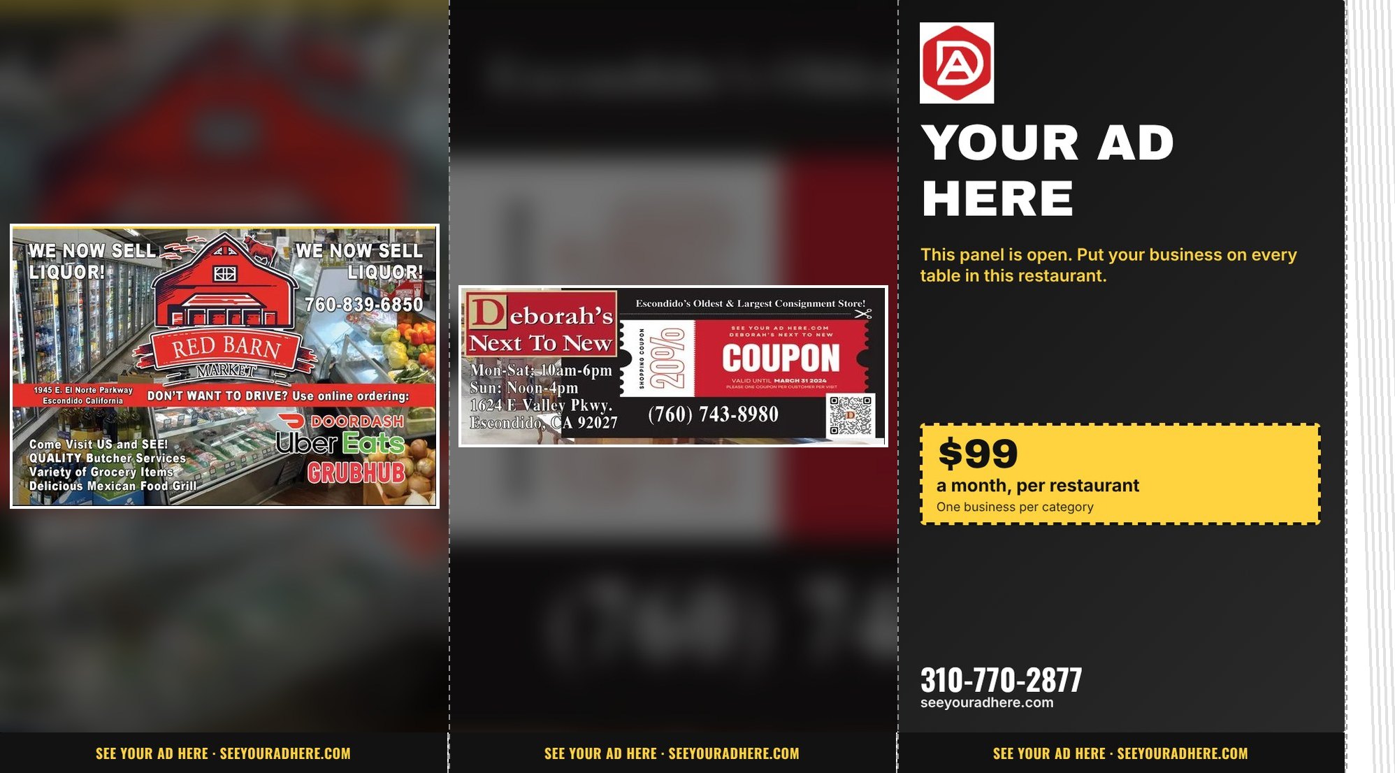 A tent laid flat: Red Barn Market's panel, Deborah's Next To New's panel and an open Your Ad Here panel, with a QR code.