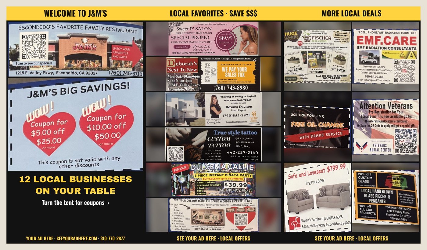 A table tent laid flat: J&M's Family Restaurant on one panel and twelve local businesses on the other two.